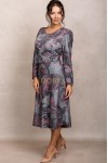 Rochie Andrada din jerse gri cu flori roz, maneca lunga si catarama in talie